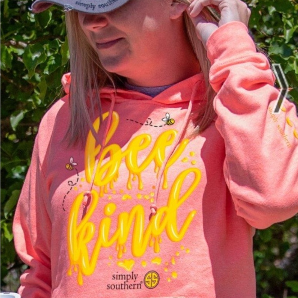 Simply Southern Bee Kind Bee Happy Hoodie Sweatshirt Peach Large